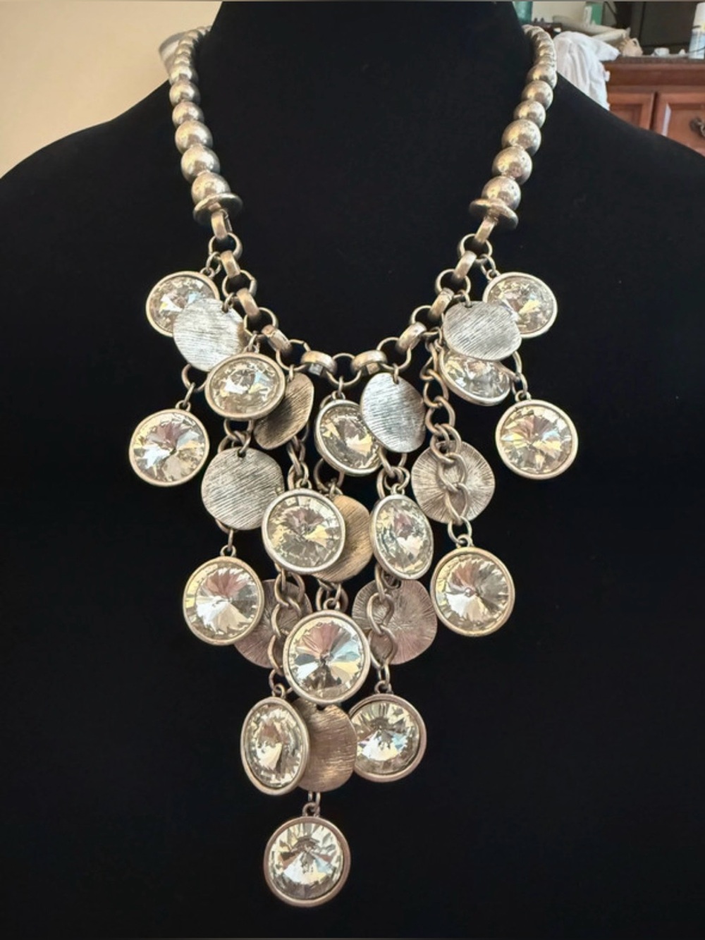 Silver-Tone Crystal Cascading Coin Necklace